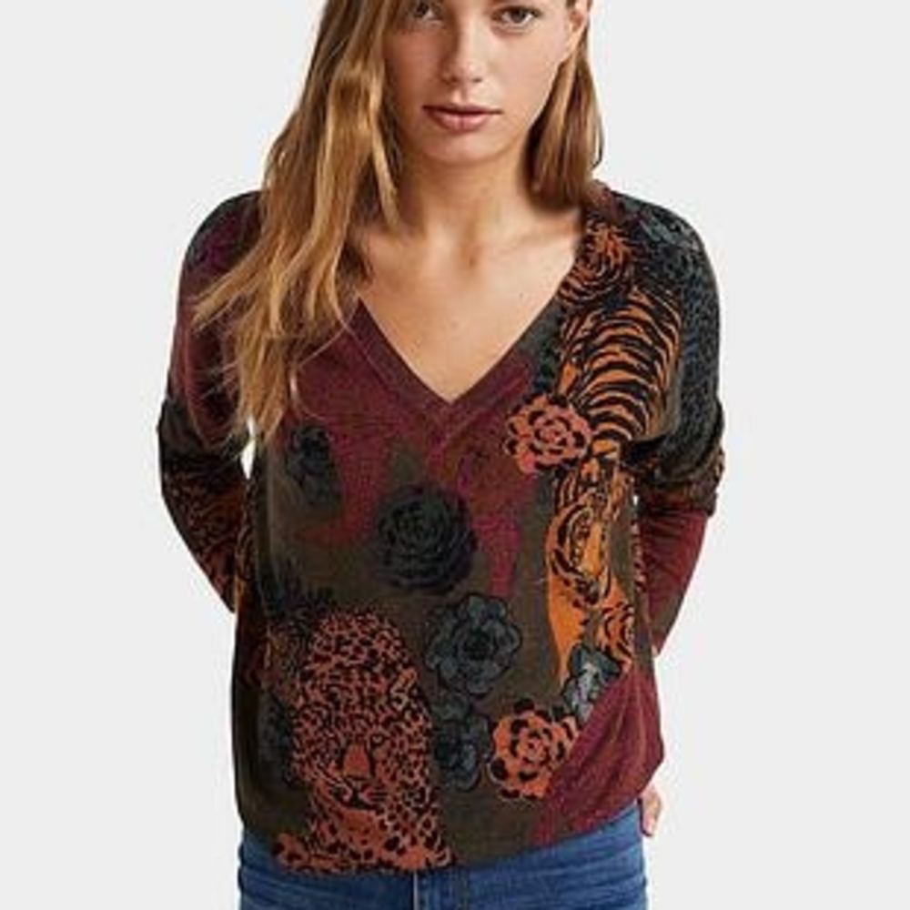 DESIGUAL Women's V-Neck Sweater with Vibrant Animal Print Size M